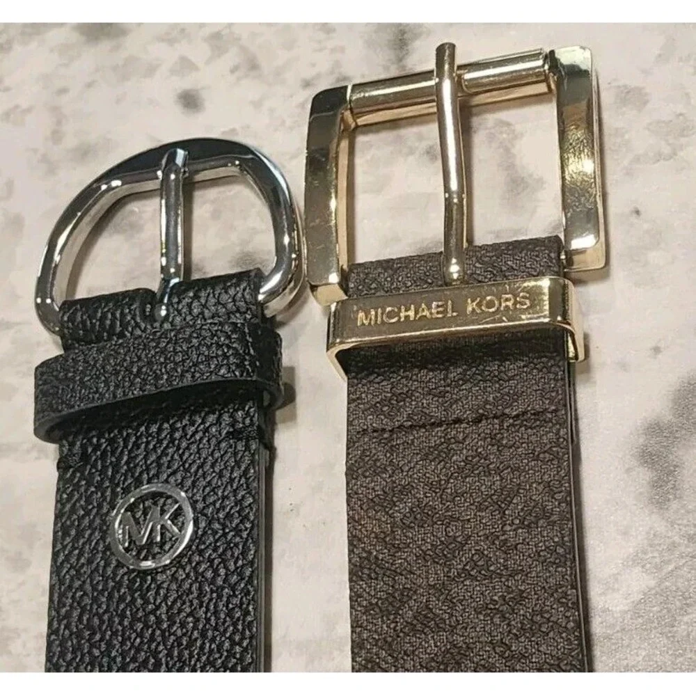 MICHAEL KORS Women's‎ MK Logo Belt Size M/L Brown & Black New Gold Silver